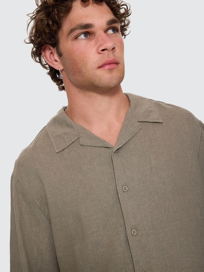 Hemp Minimal Thrills Cropped Bowling Shirt - Dust Army XS