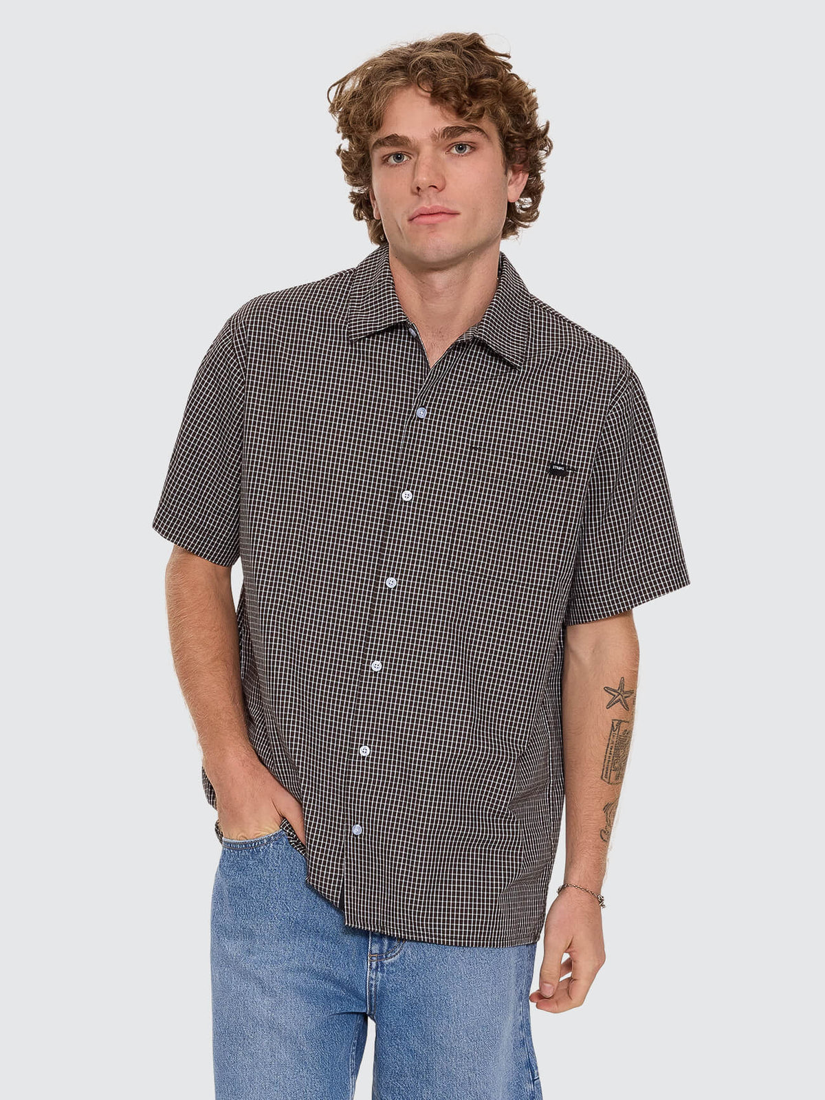 Split Decision Short Sleeve Check Shirt - Postal Brown XS