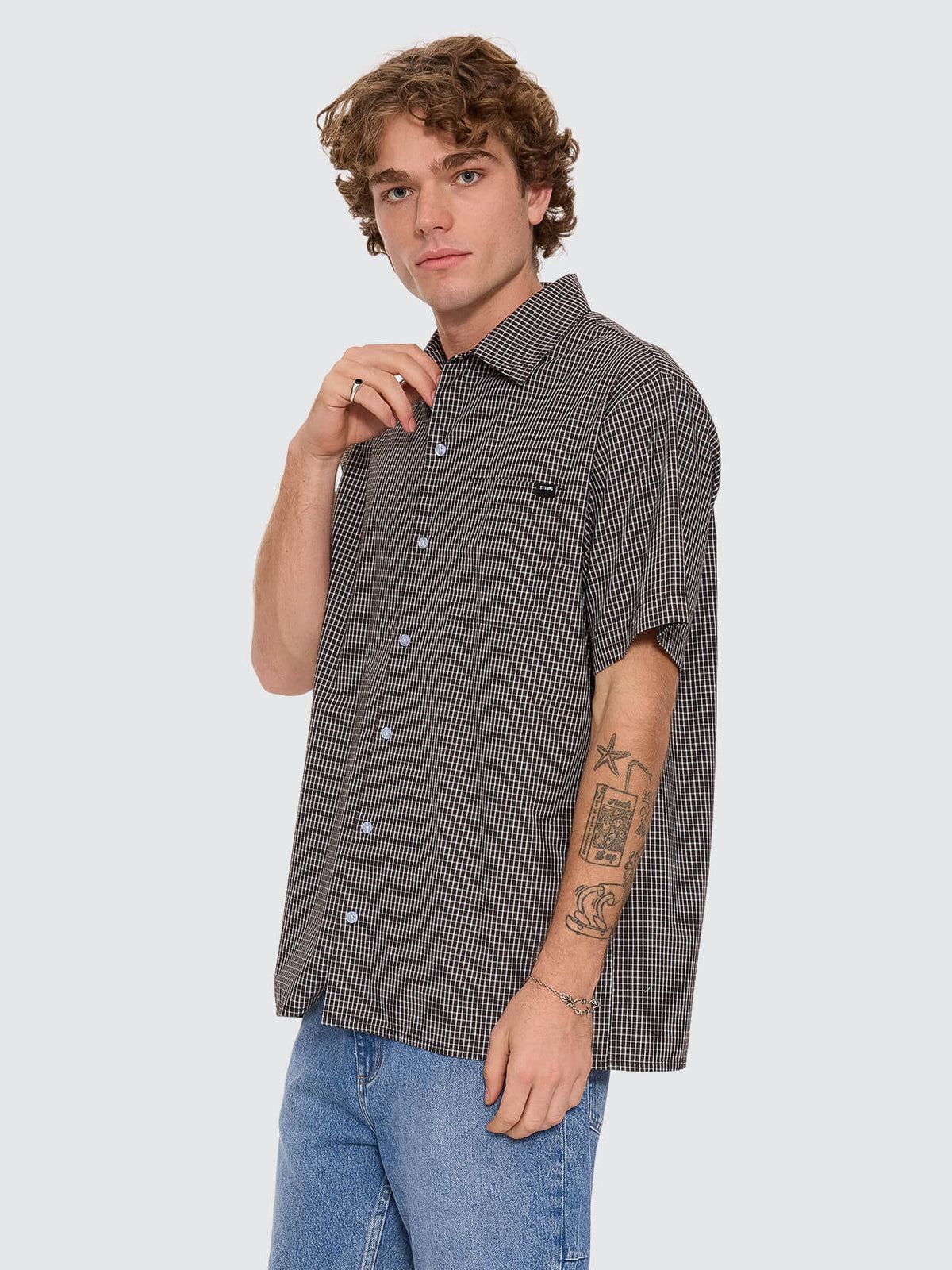 Split Decision Short Sleeve Check Shirt - Postal Brown XS