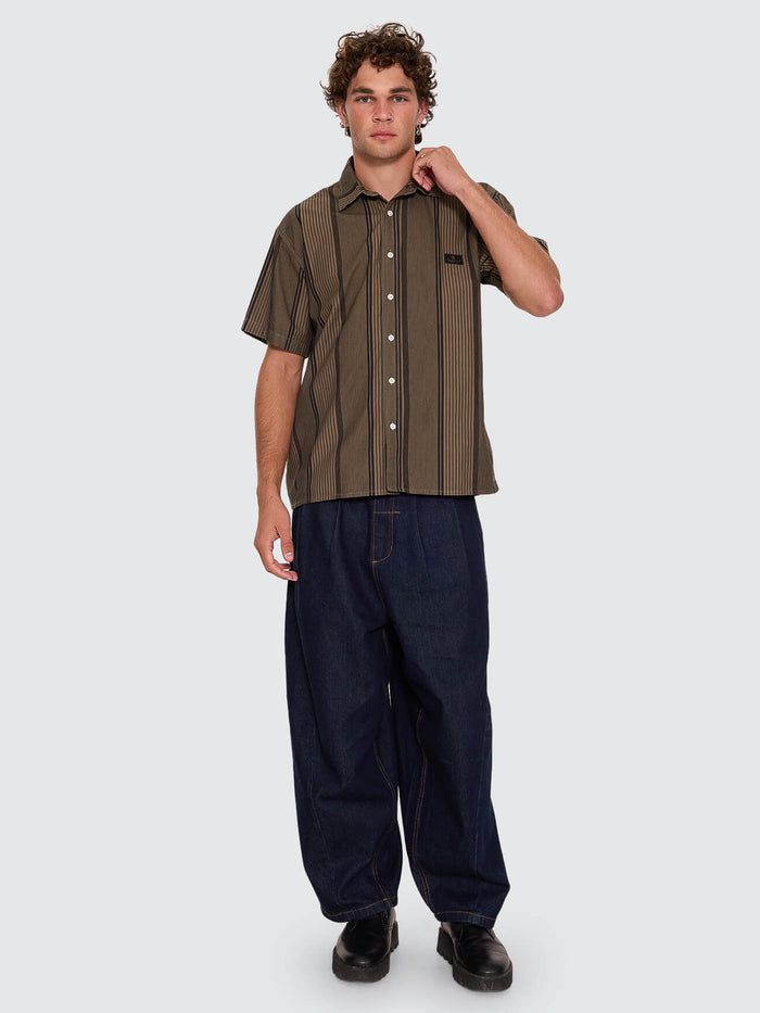 New Ways Of Living Cropped Short Sleeve Stripe Shirt - Tarmac - Black XS