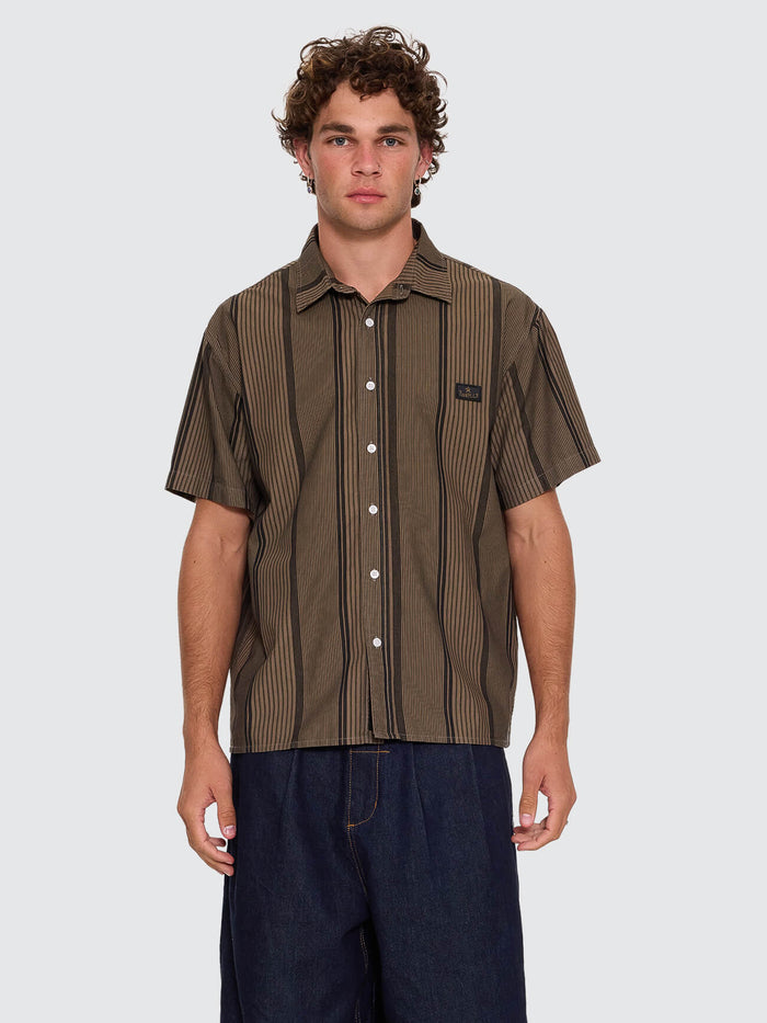 New Ways Of Living Cropped Short Sleeve Stripe Shirt - Tarmac - Black XS