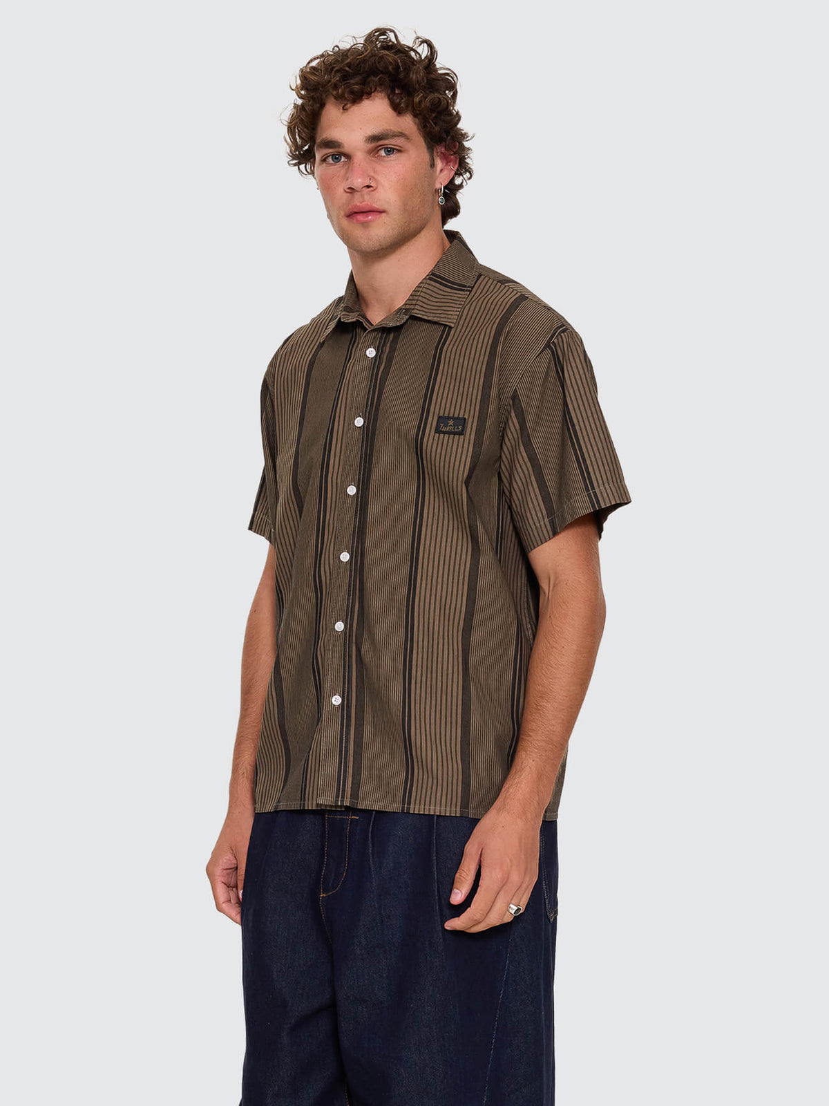 New Ways Of Living Cropped Short Sleeve Stripe Shirt - Tarmac - Black XS