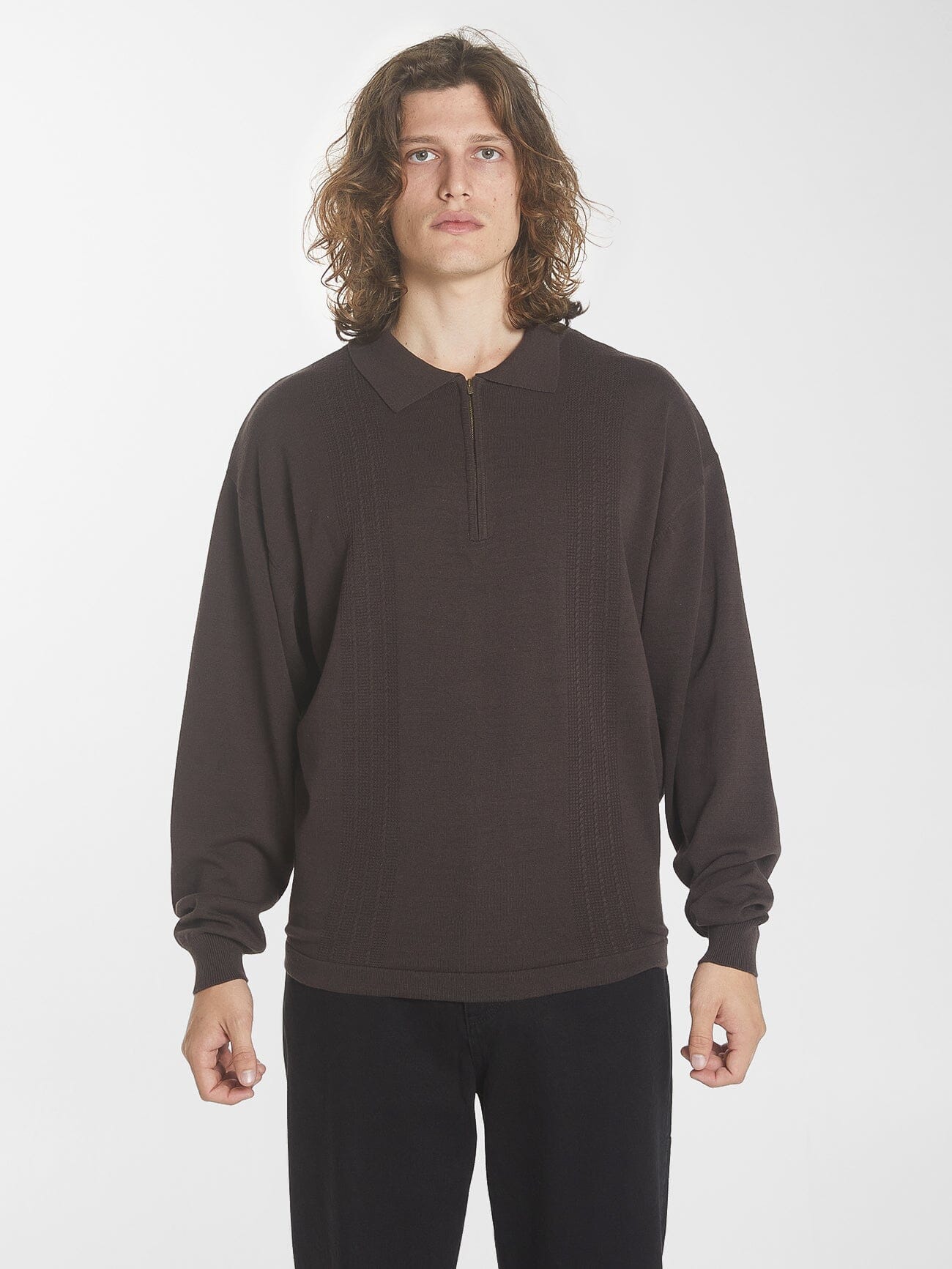 Imperial Jacquard Knit Long Sleeve Polo - Black Coffee XS