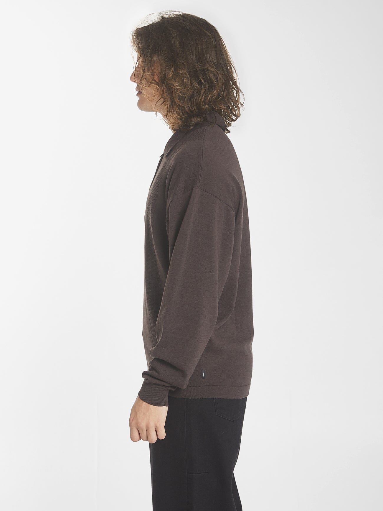 Imperial Jacquard Knit Long Sleeve Polo - Black Coffee XS