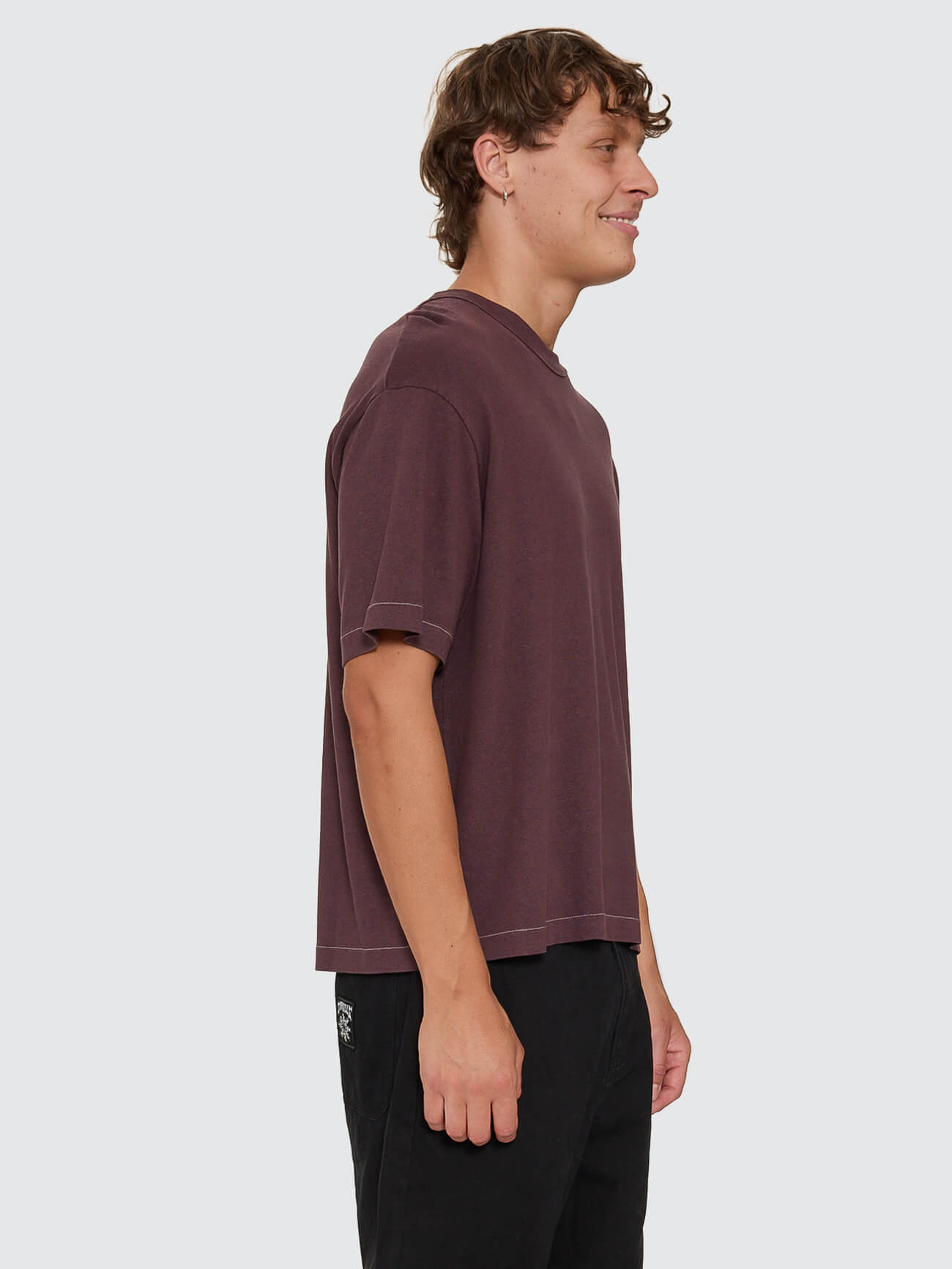 Hemp Thrills Embro Oversize Box Crop Contrast Tee - Aubergine XS
