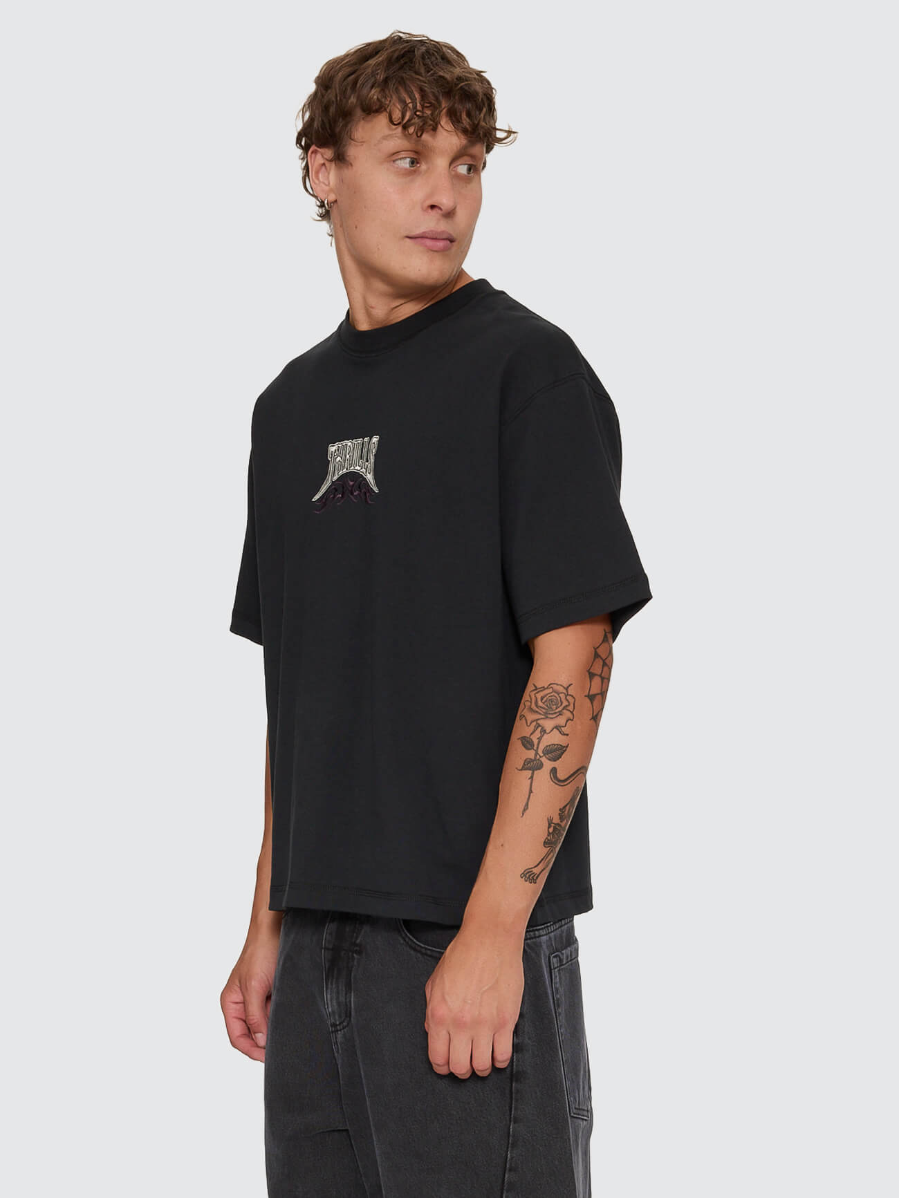 What We Believe Embro Oversize Box Crop Tee - Washed Black XS