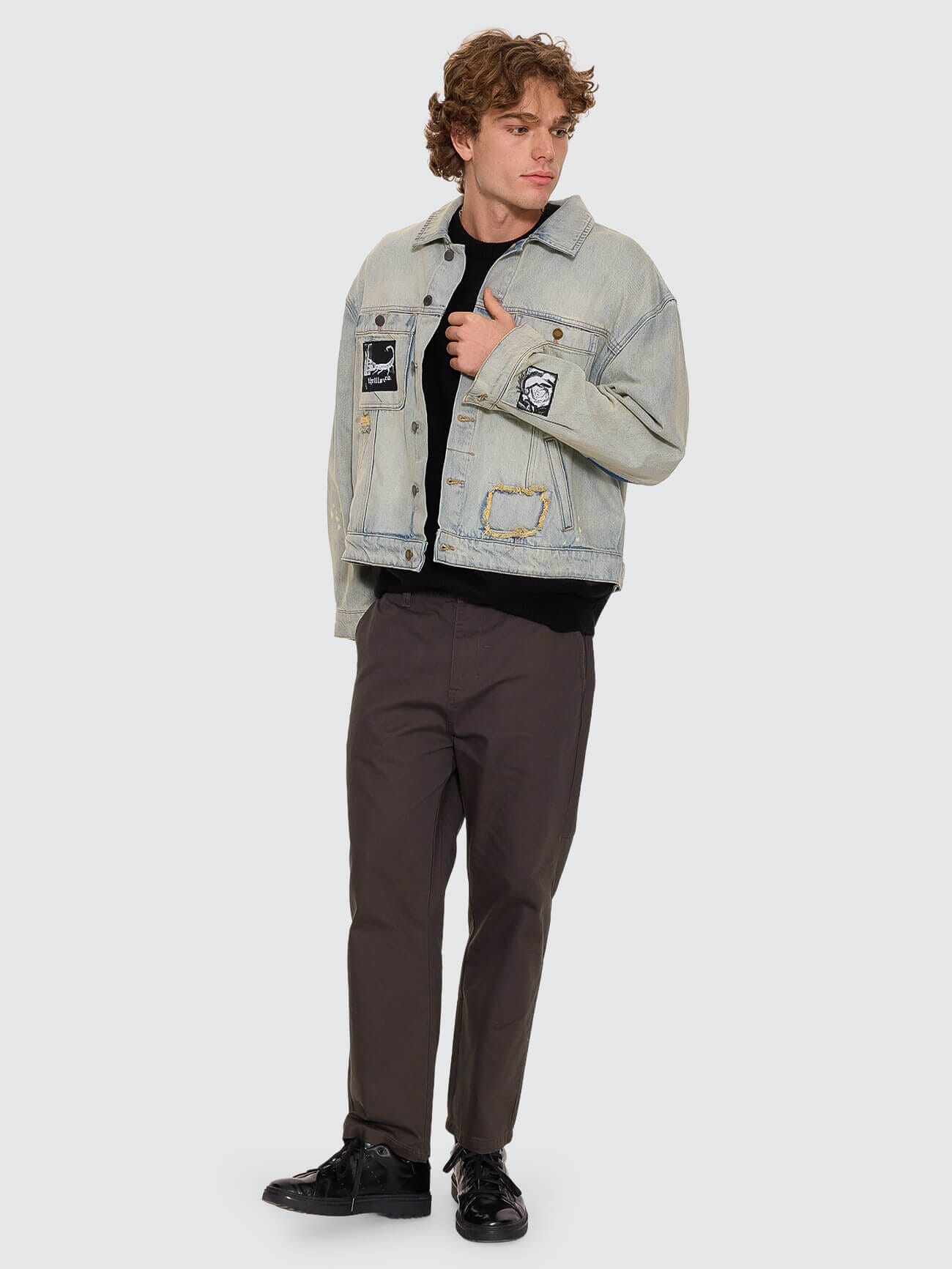 New Delusions Canyon Oversized Cropped Denim Jacket - Repaired Light Dirty Stone XS