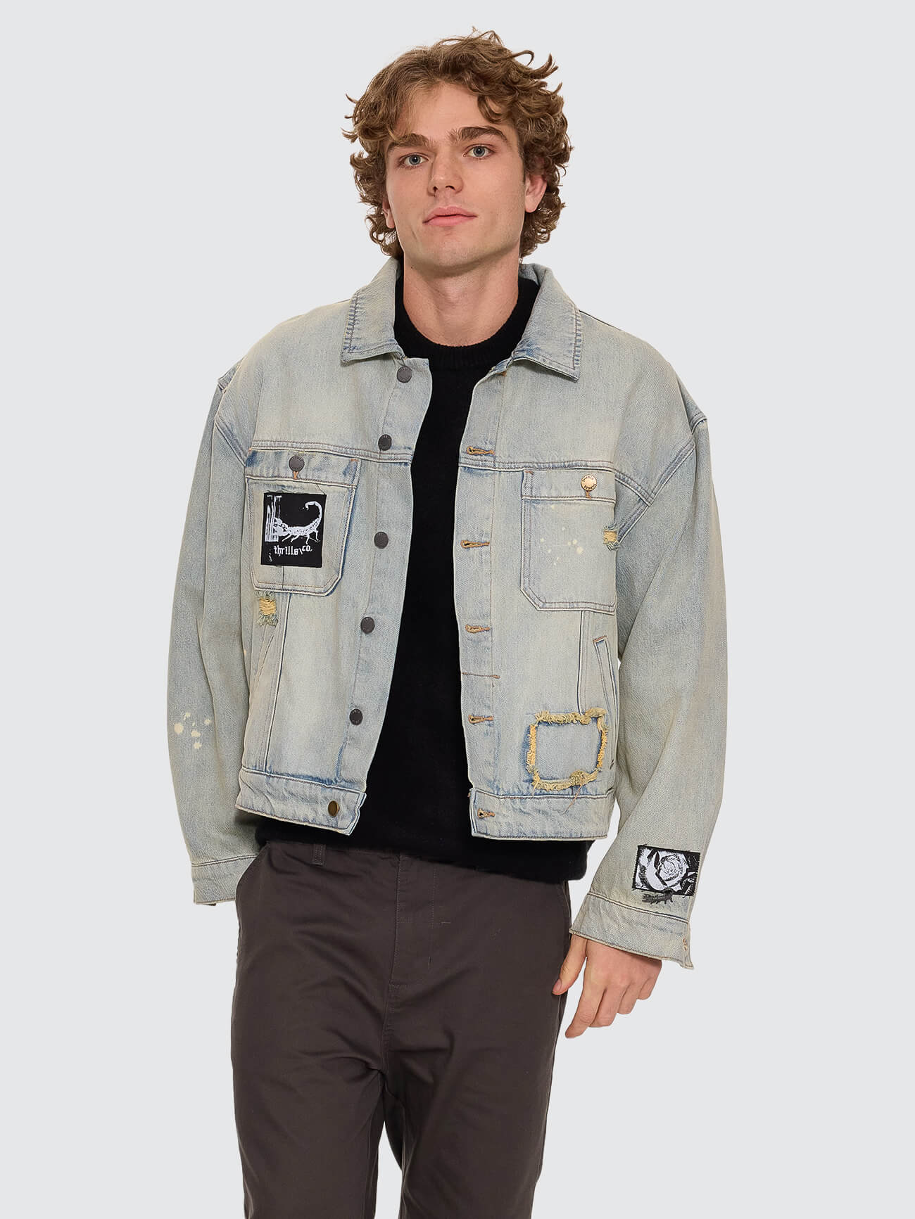 New Delusions Canyon Oversized Cropped Denim Jacket - Repaired Light Dirty Stone XS