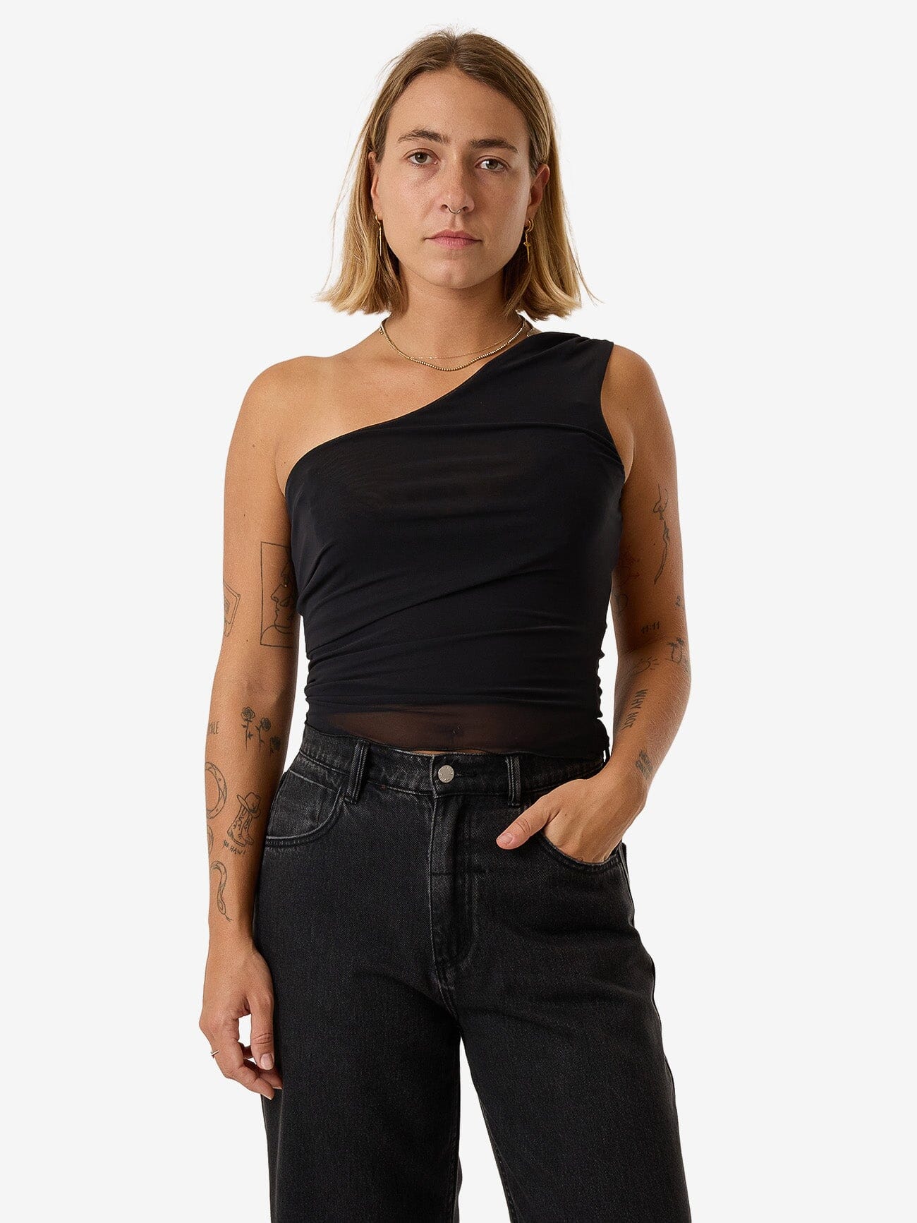 Mesh One Shoulder Top - Black