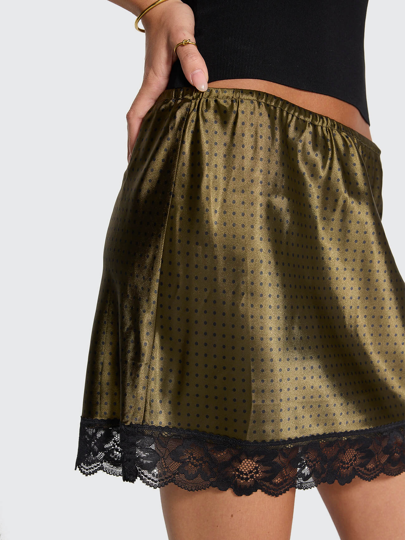 New Romance Mini Slip Skirt - Olive Green Polka Dot 4