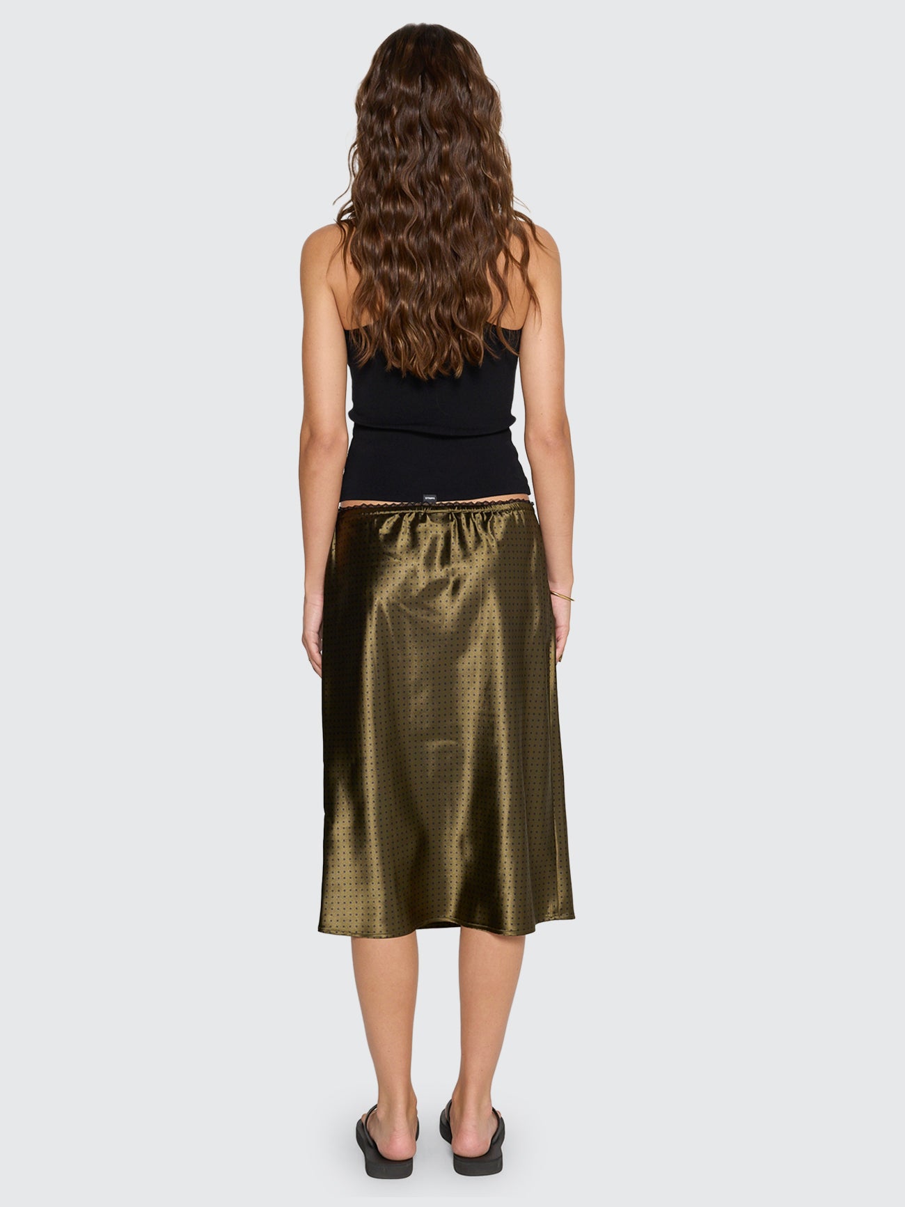 New Romance Midi Slip Skirt - Olive Green Polka Dot
