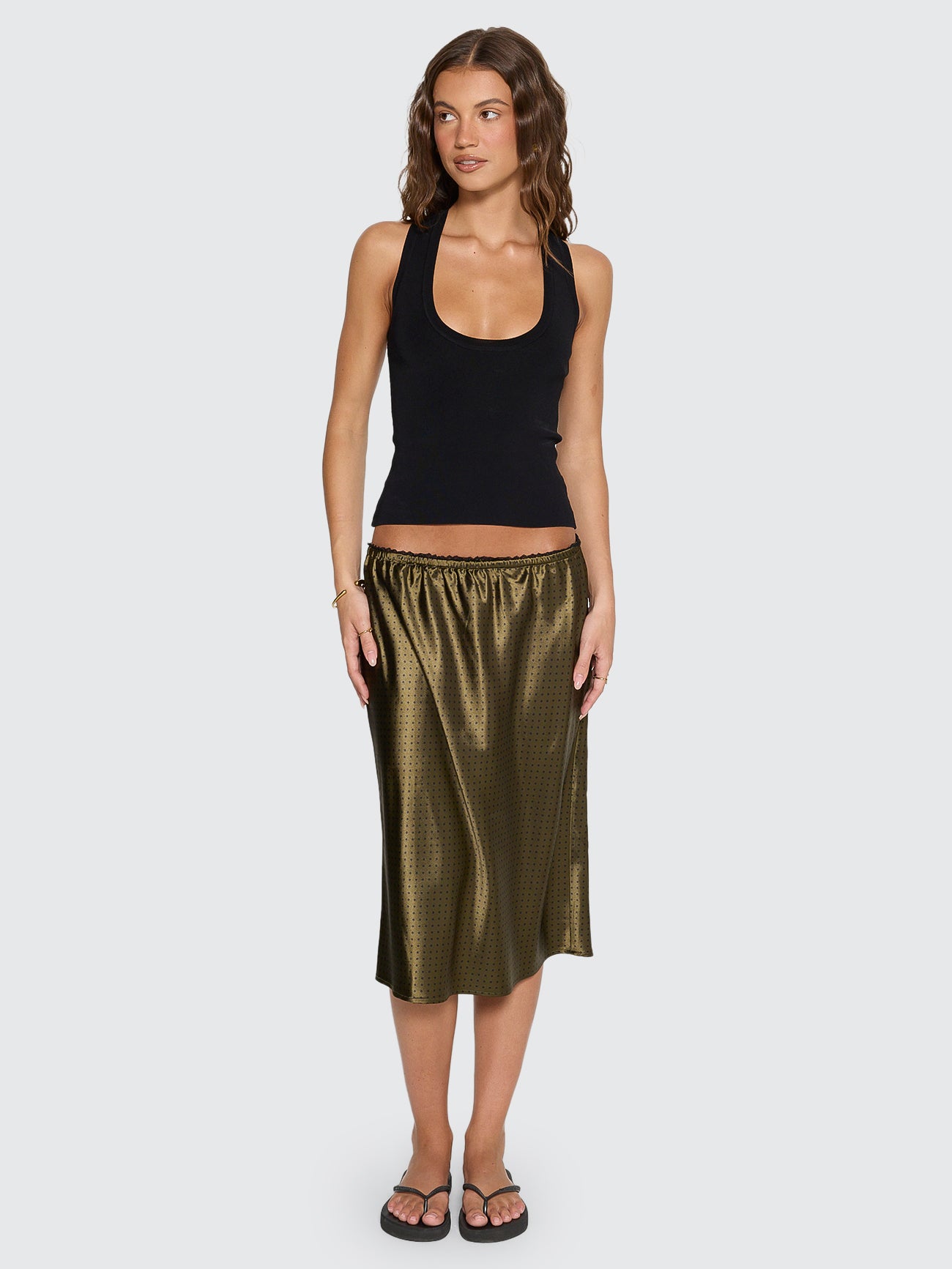 New Romance Midi Slip Skirt - Olive Green Polka Dot