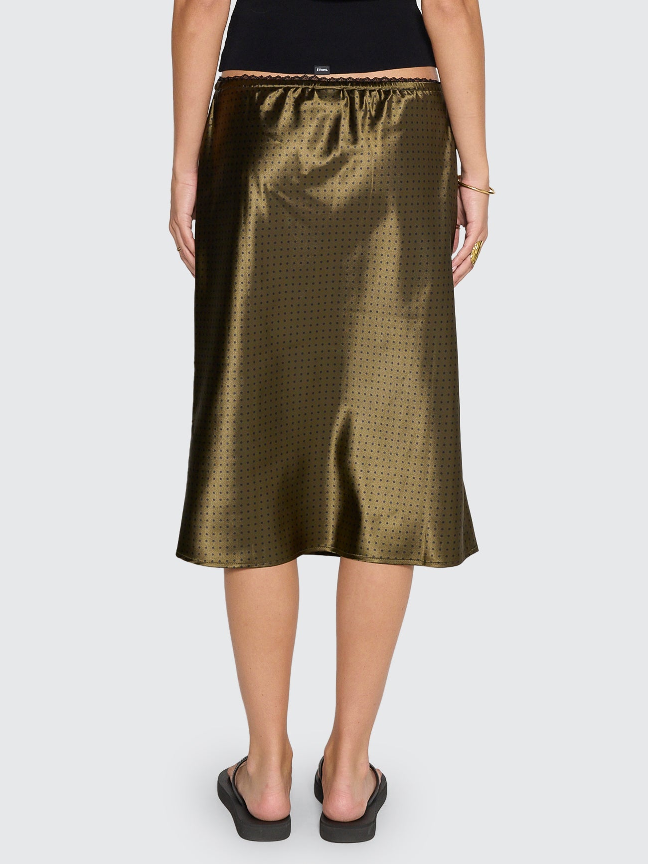 New Romance Midi Slip Skirt - Olive Green Polka Dot