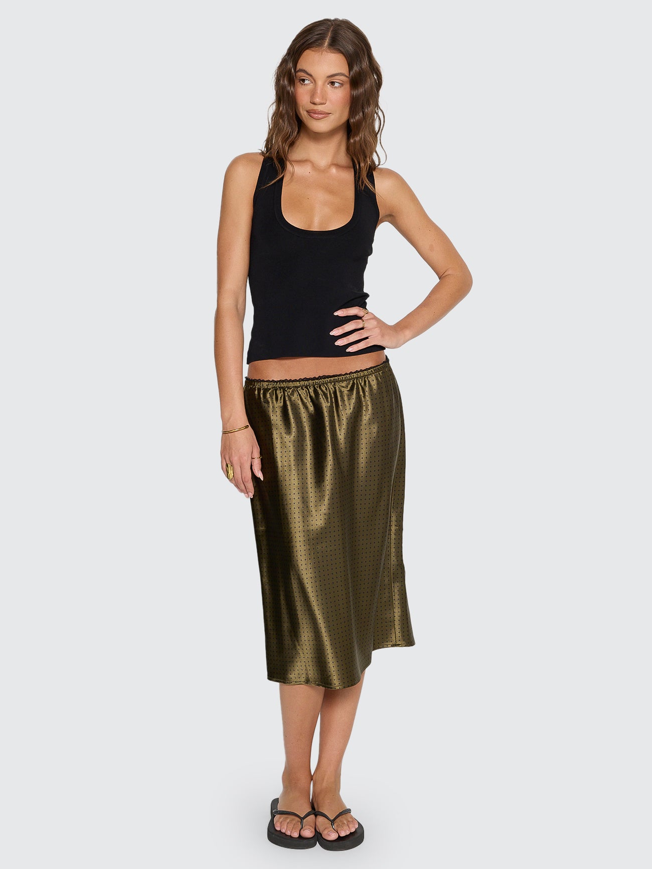 New Romance Midi Slip Skirt - Olive Green Polka Dot