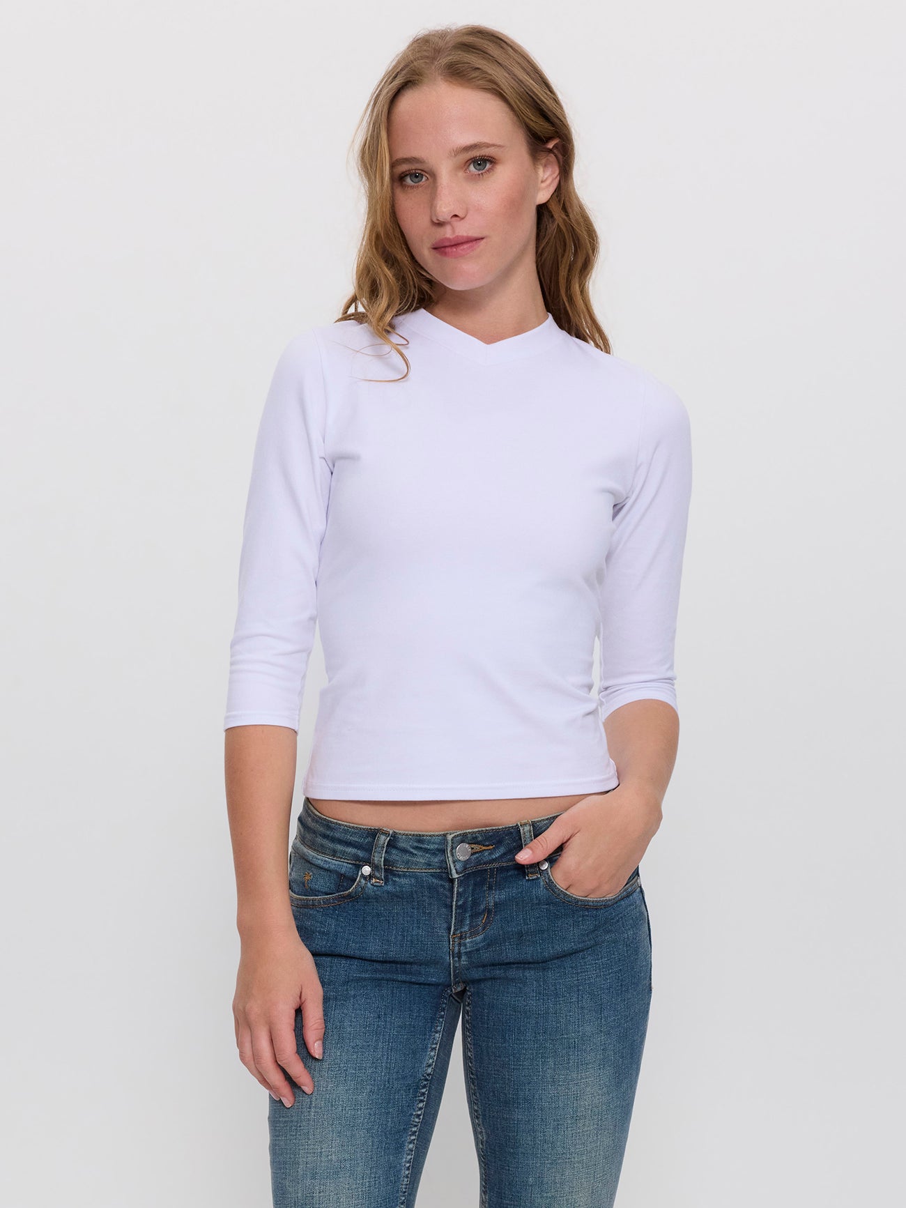 Annie V-Neck 3/4 Sleeve Top - White 4
