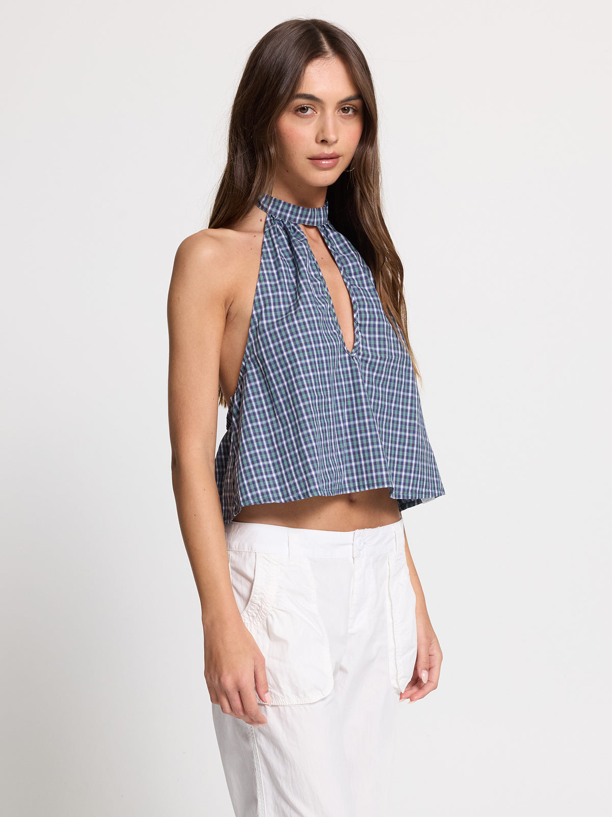No-Show Keyhole Halter Top - Blue Green Check 4
