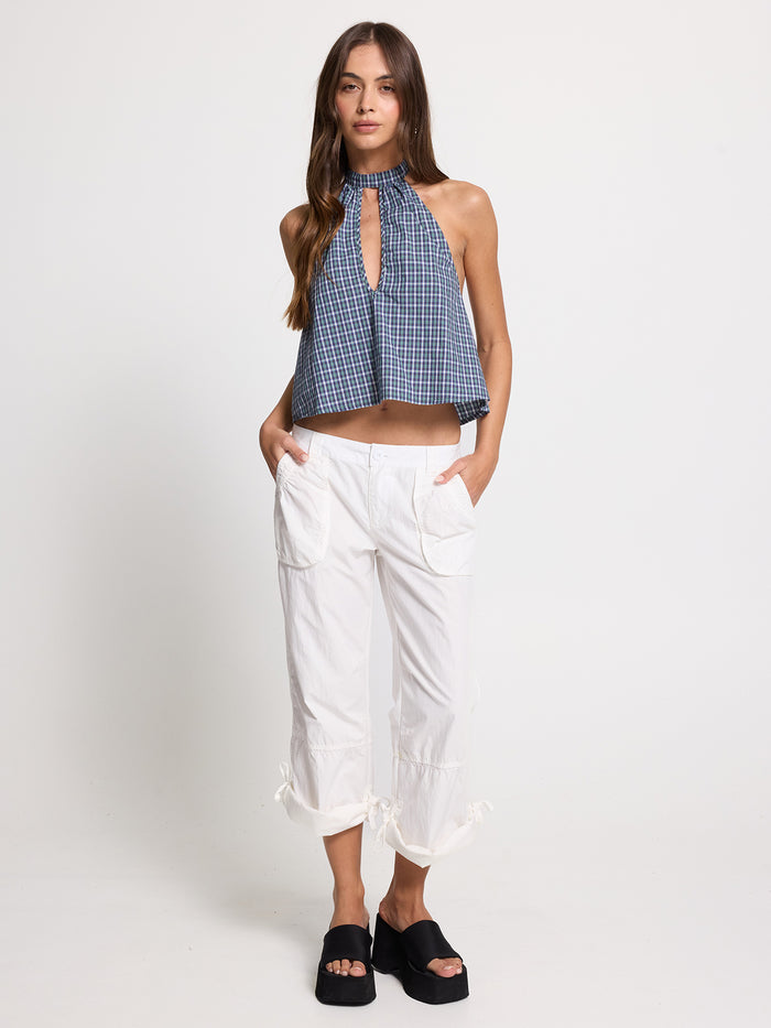 No-Show Keyhole Halter Top - Blue Green Check 4