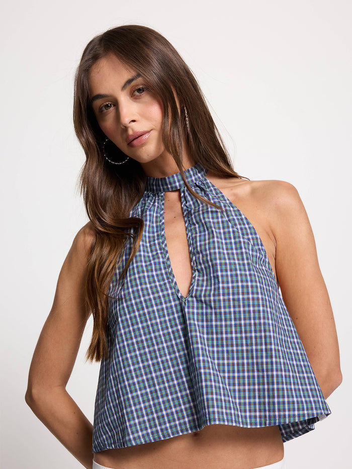No-Show Keyhole Halter Top - Blue Green Check 4