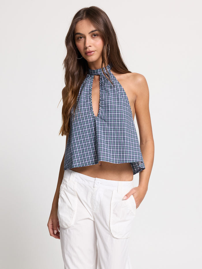 No-Show Keyhole Halter Top - Blue Green Check 4