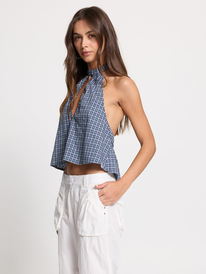 No-Show Keyhole Halter Top - Blue Green Check 4