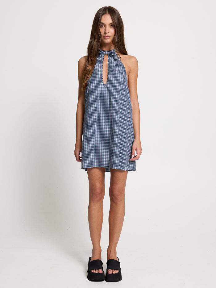 No-Show Keyhole Halter Dress - Blue Green Check 4