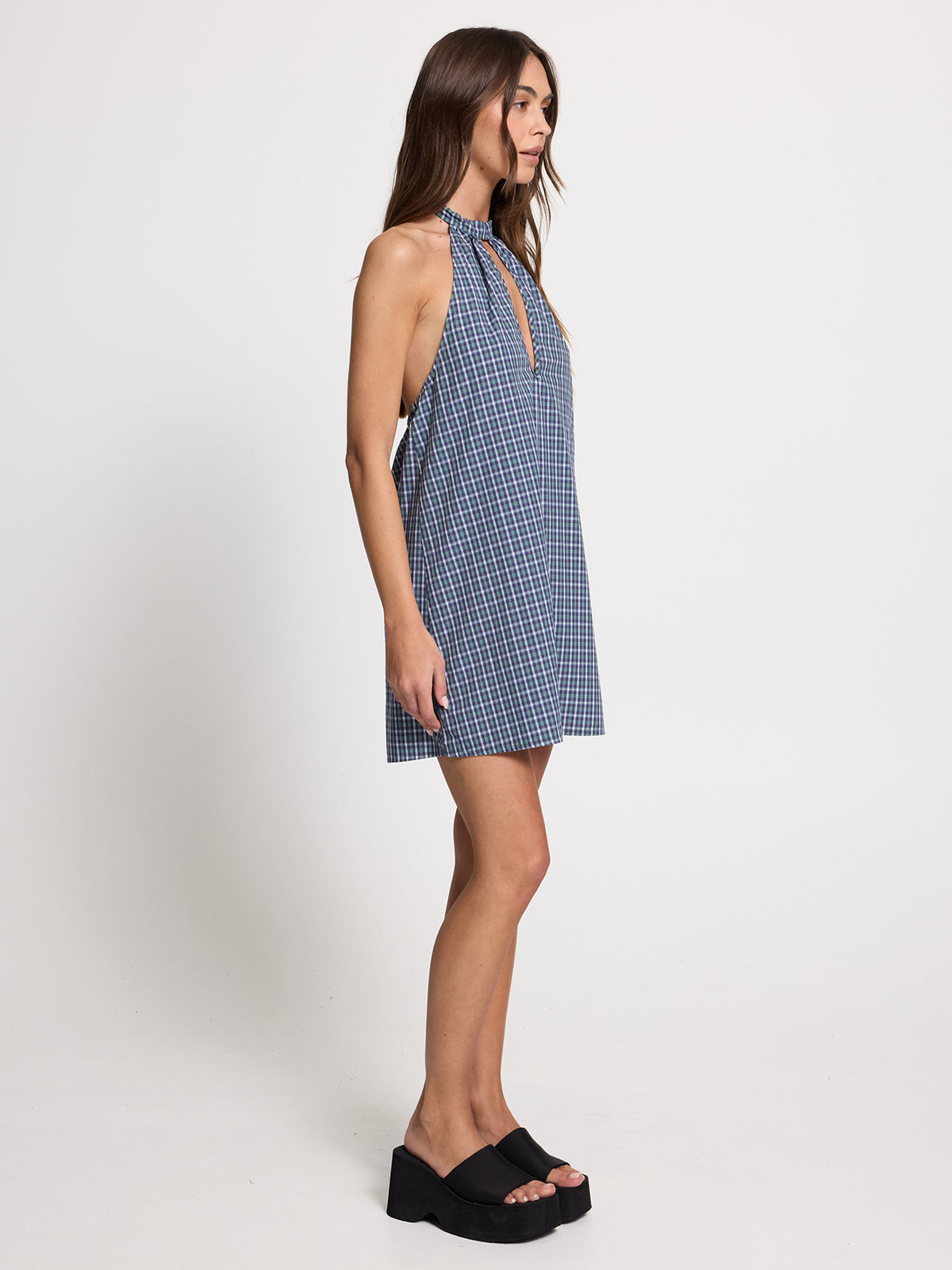 No-Show Keyhole Halter Dress - Blue Green Check 4