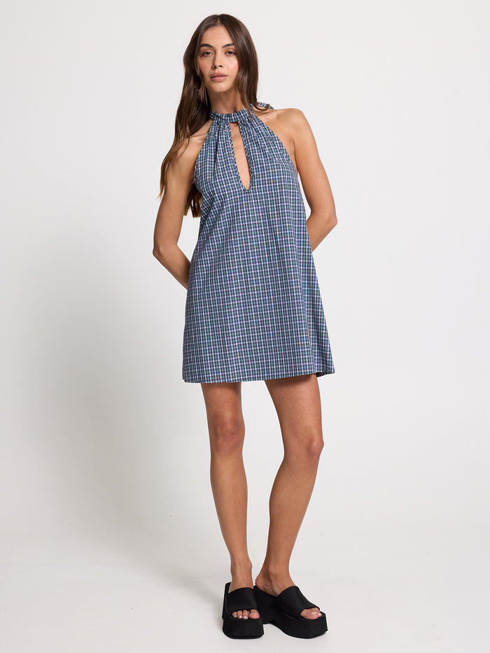 No-Show Keyhole Halter Dress - Blue Green Check 4