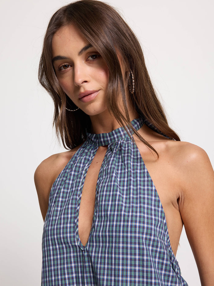 No-Show Keyhole Halter Dress - Blue Green Check 4