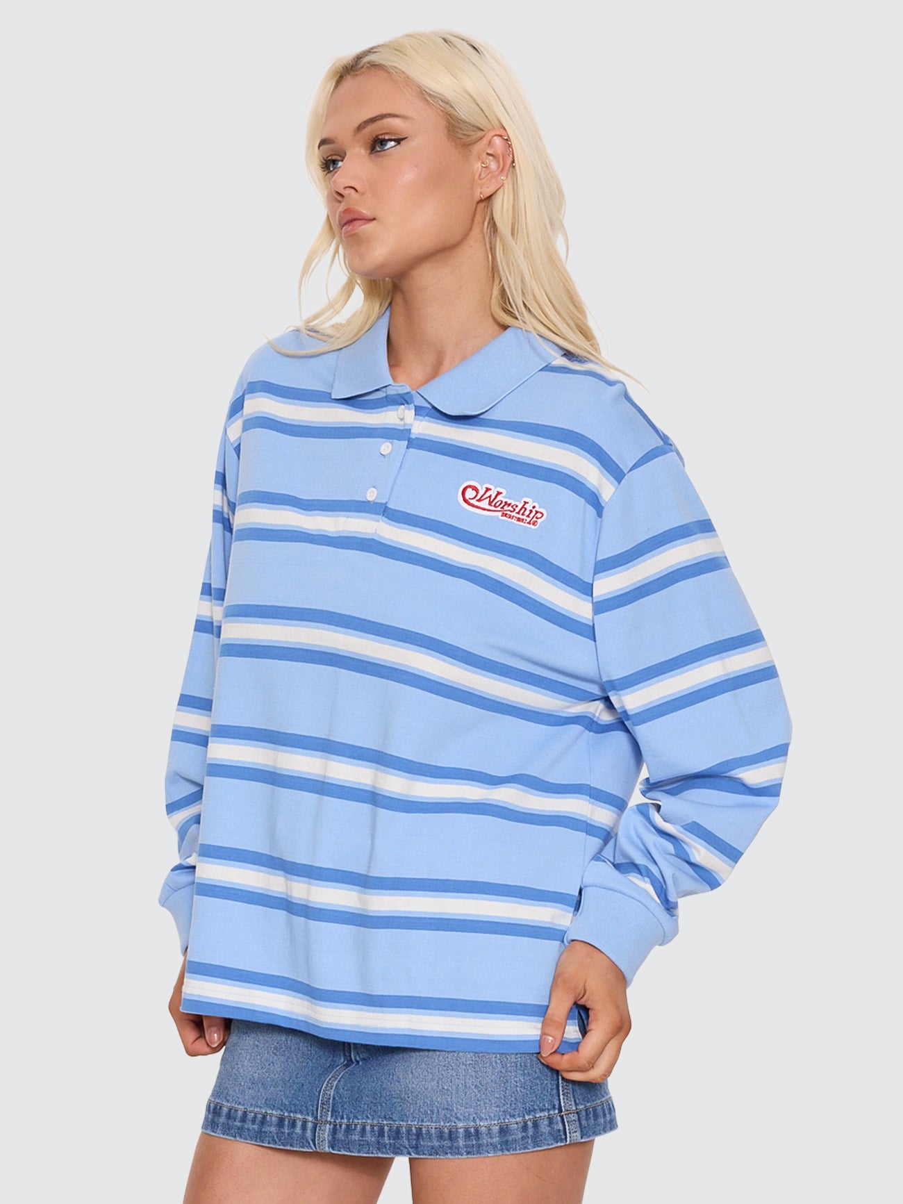 Yours Truly Striped Long Sleeve Polo - Dream Blue