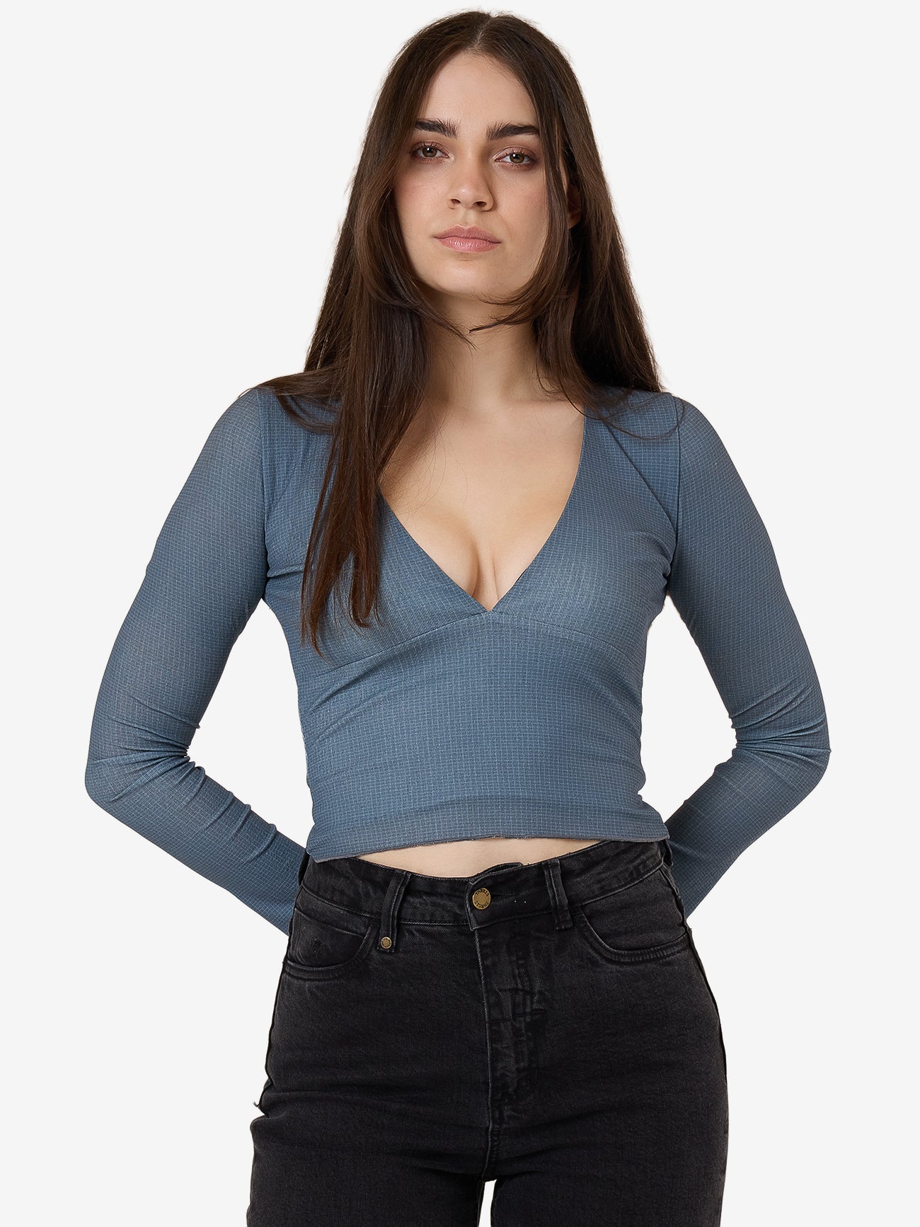 Vertigo Plaid Long Sleeve Top - Charcoal Blue