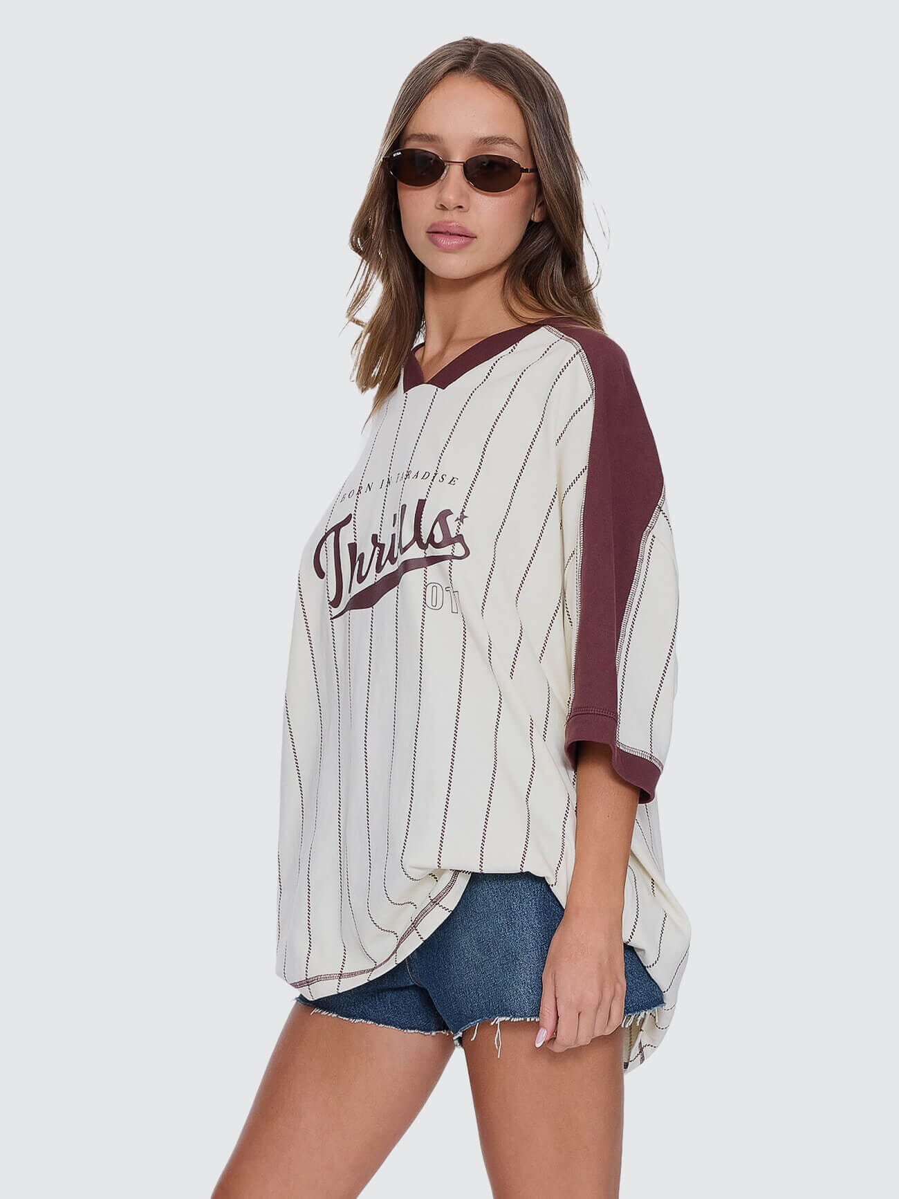 Baseline Stripe V-Neck Oversized Tee - Butter Cream 4