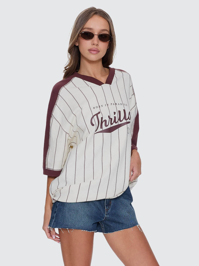 Baseline Stripe V-Neck Oversized Tee - Butter Cream 4