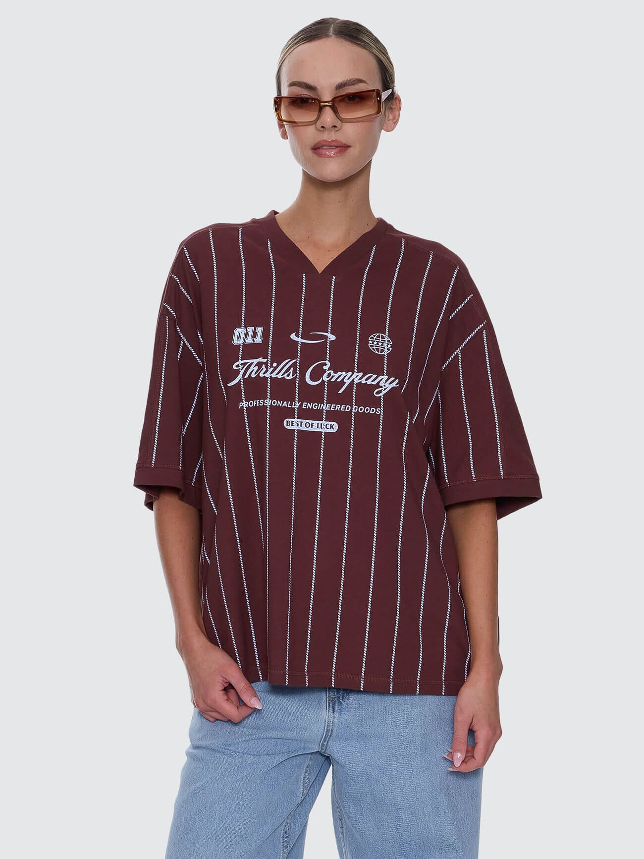 Game Day Stripe V-Neck Oversized Tee - Bitter Chocolate 4
