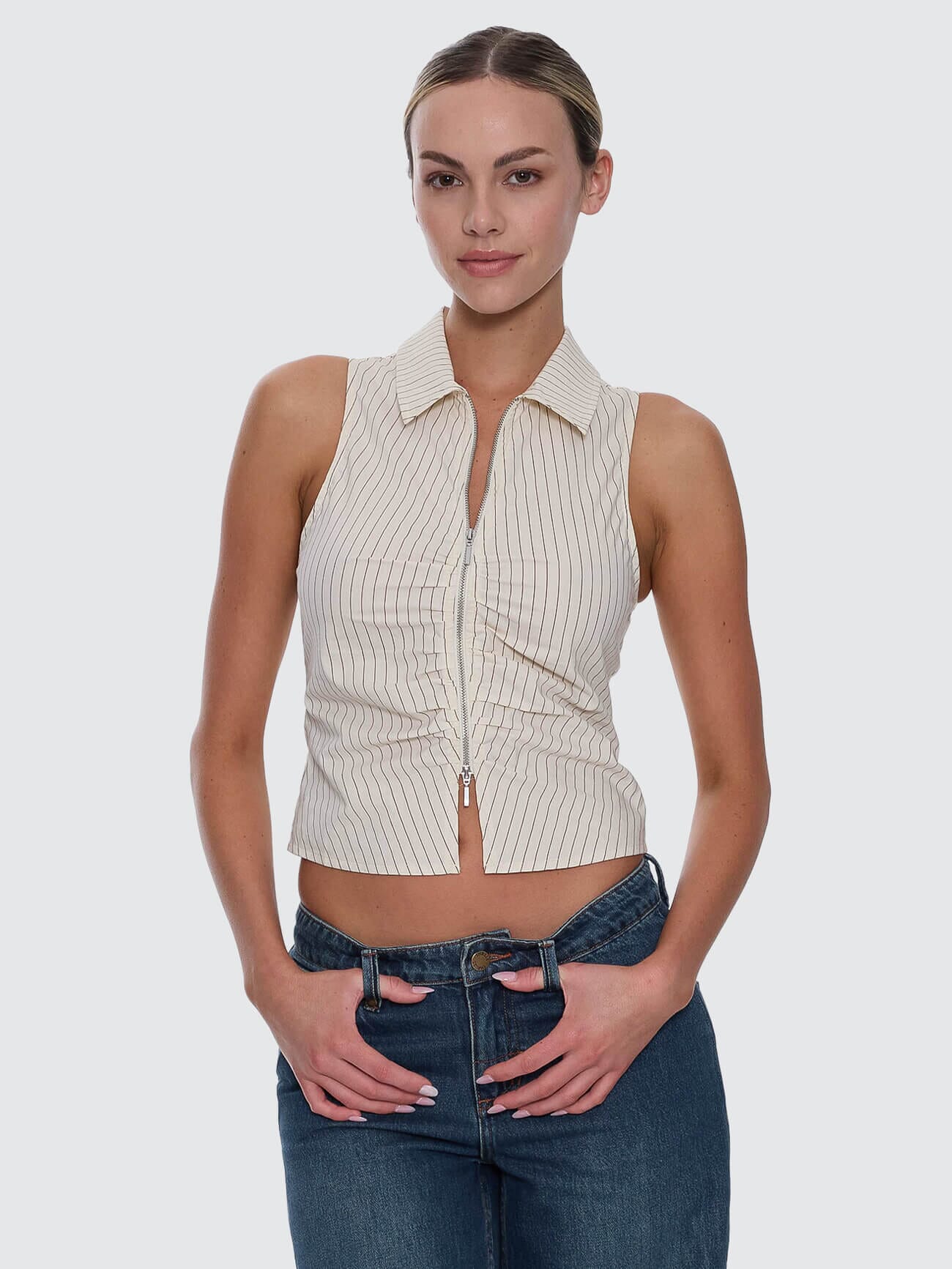 Andy Zip Sleeveless Shirt - Butter Cream Stripe | Thrills Co.