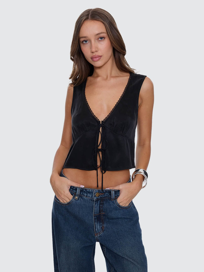 Saige Tie Front Top - Black 4