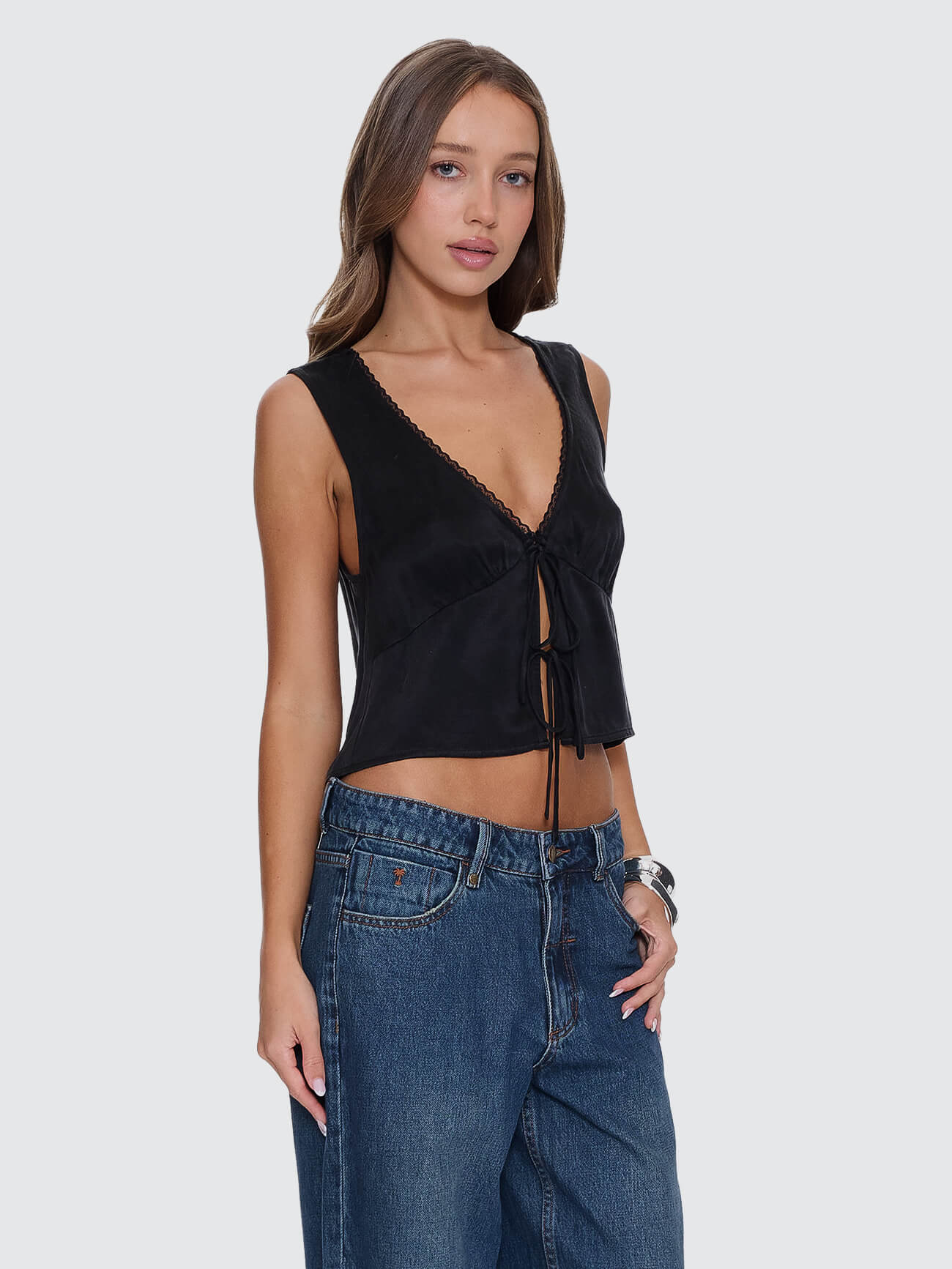 Saige Tie Front Top - Black 4