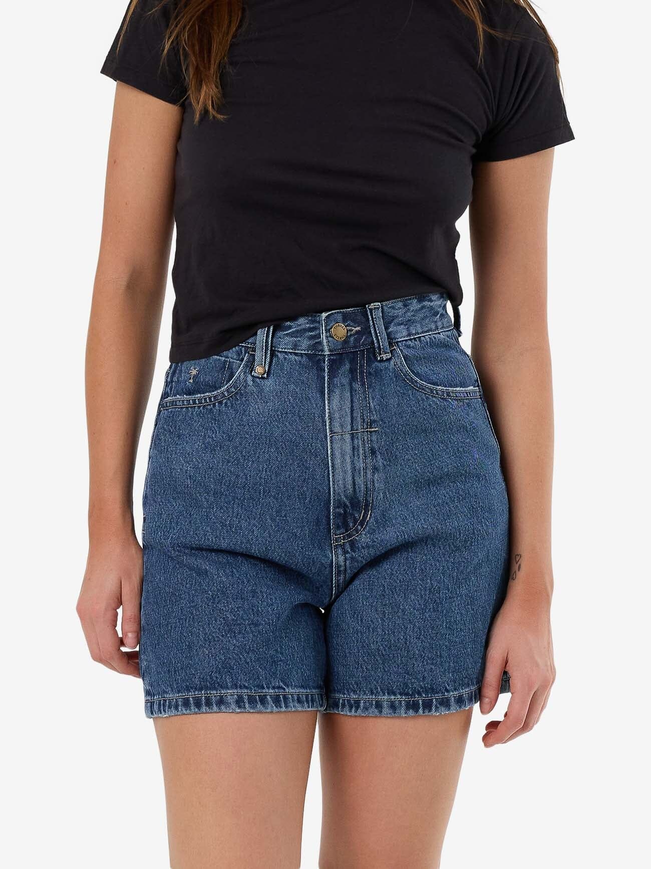 Female model wearing our Thrills Koko Short in Blue standing against a plain studio background.