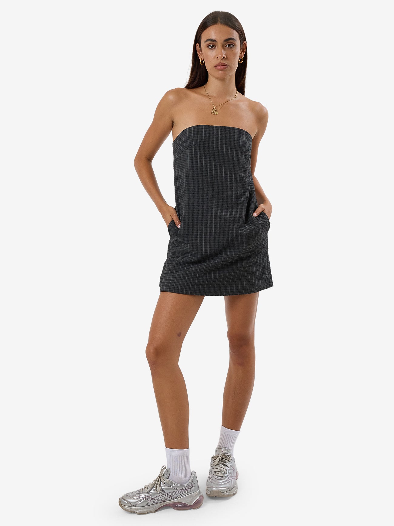 Colby Strapless Dress - Charcoal Pinstripe 4