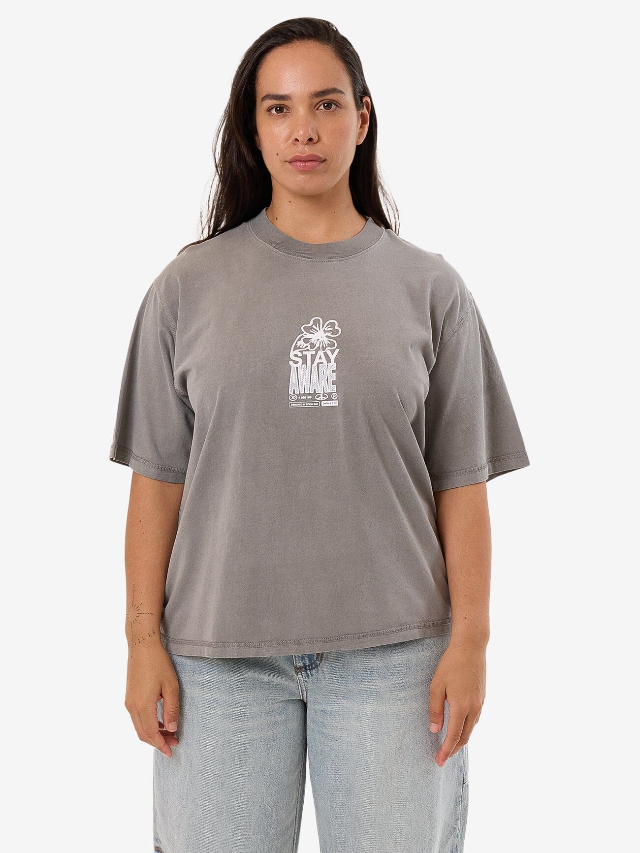 Stay Aware Square Tee - Washed Grey