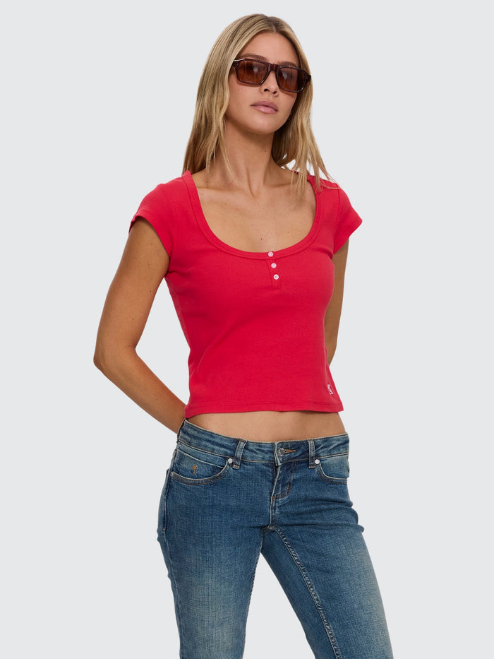 Rib Portrait Neck Henley Tee - Flame Red 4