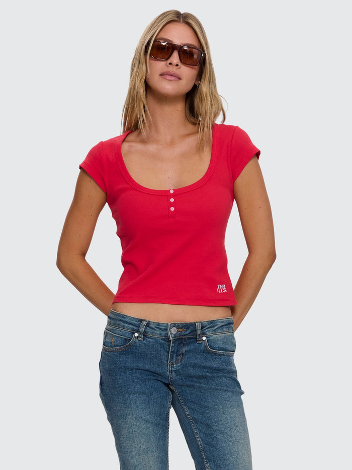 Rib Portrait Neck Henley Tee - Flame Red 4