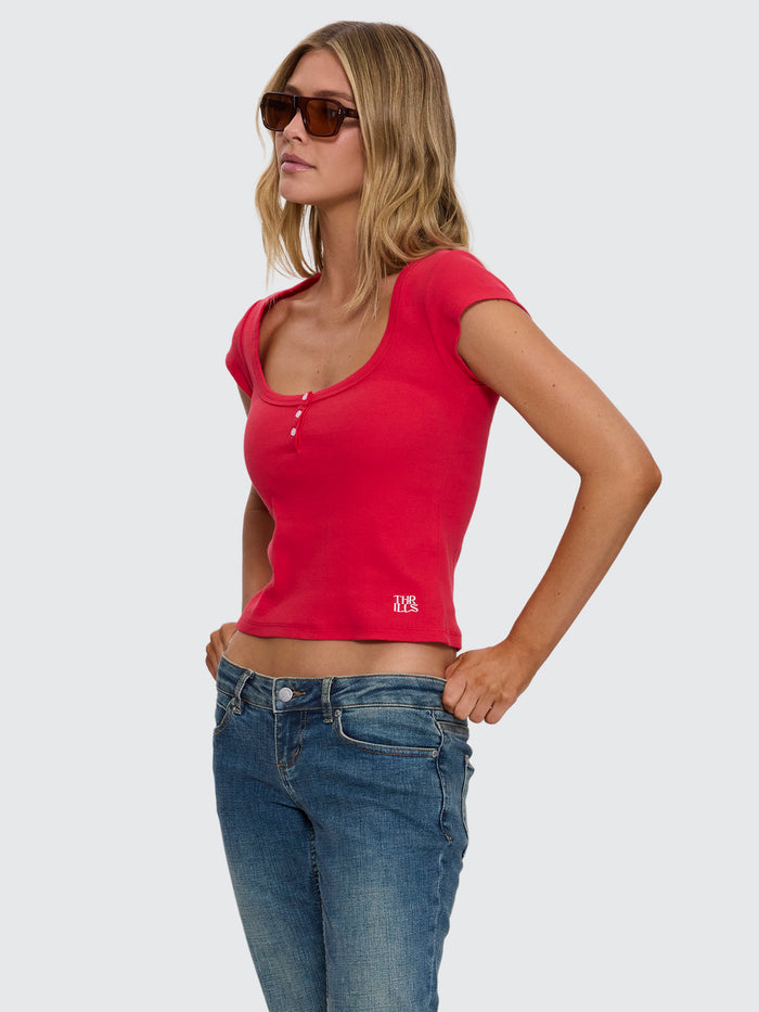 Rib Portrait Neck Henley Tee - Flame Red 4