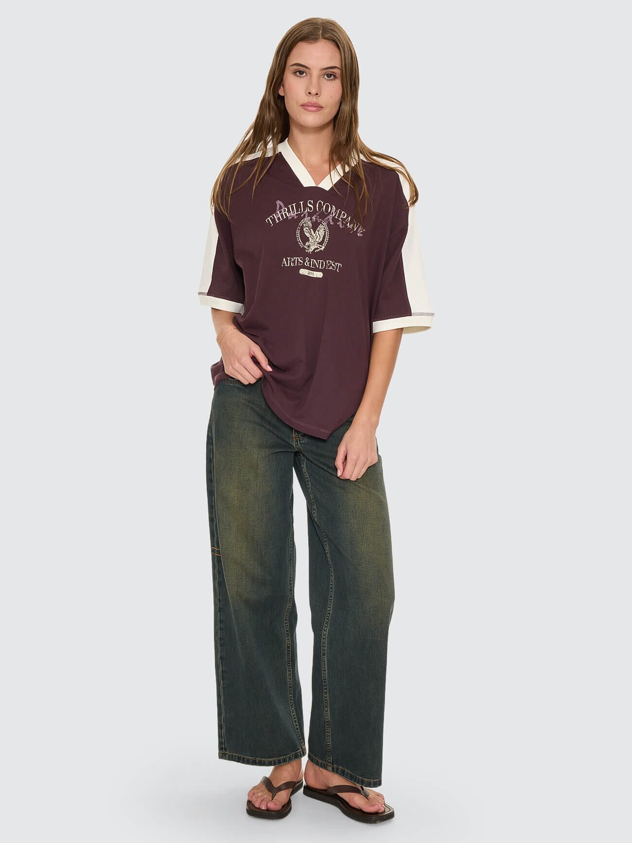 Heritage Track V Neck Oversized Tee - Aubergine 4