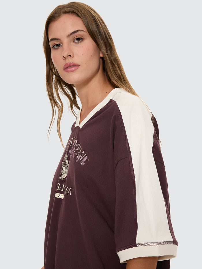 Heritage Track V Neck Oversized Tee - Aubergine 4