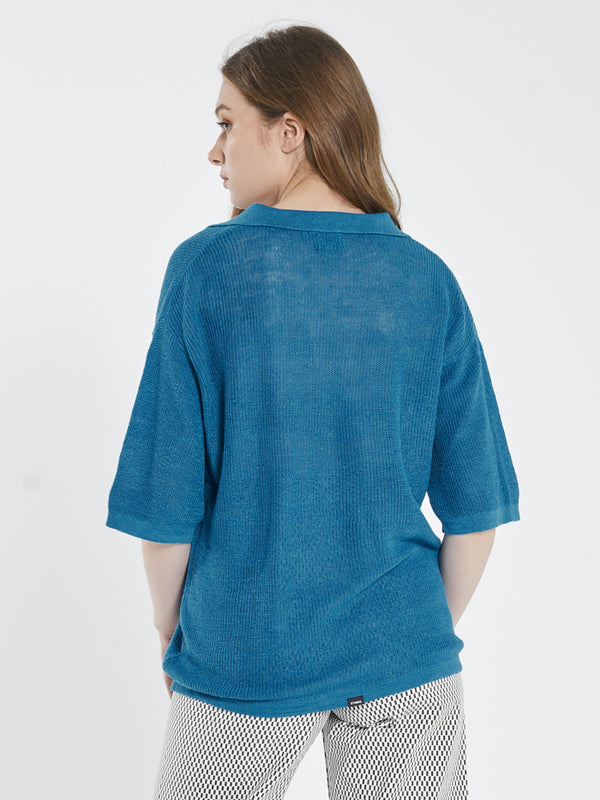 Linen Knitted Oversized Polo - Cerulean Blue