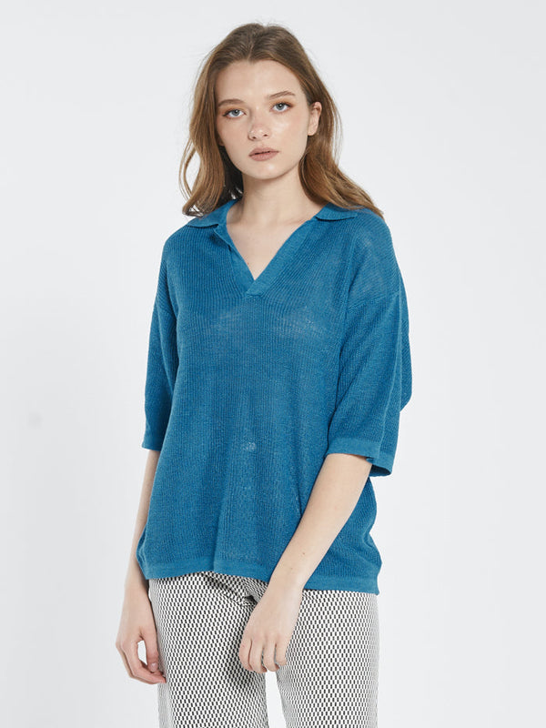 Linen Knitted Oversized Polo - Cerulean Blue